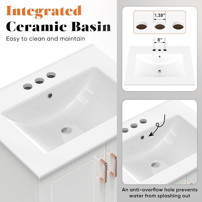 DUMOS 24'' Modern Bathroom Vanity Cabinet, Freestanding Bathroom Storage | Set with Smooth Ceramic Undermount Sink Basin, 2 Cabinet Doors and 1 Drawer Design, Easy Assmble Furniture, No Faucet, Ivory