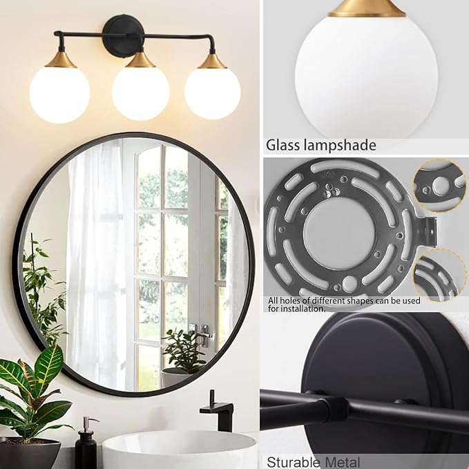 Black Gold Bathroom Light Fixtures Over Mirror Vanity 3-Light | Mid Century Modern Matte Black Gold Wall Sconce with Milky White Glass Ball Shades for for Bathroom Dressing Table Bedroom