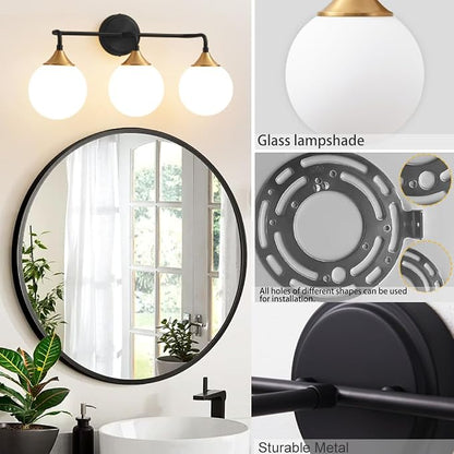Black Gold Bathroom Light Fixtures Over Mirror Vanity 3-Light | Mid Century Modern Matte Black Gold Wall Sconce with Milky White Glass Ball Shades for for Bathroom Dressing Table Bedroom