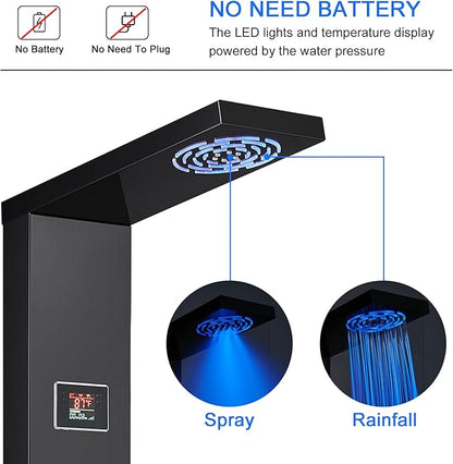 LED Shower Panel Tower System, 304 Stainless Steel Bathroom Shower Tower with 3 Body Massage Jets, Shower Column Wall Mounted