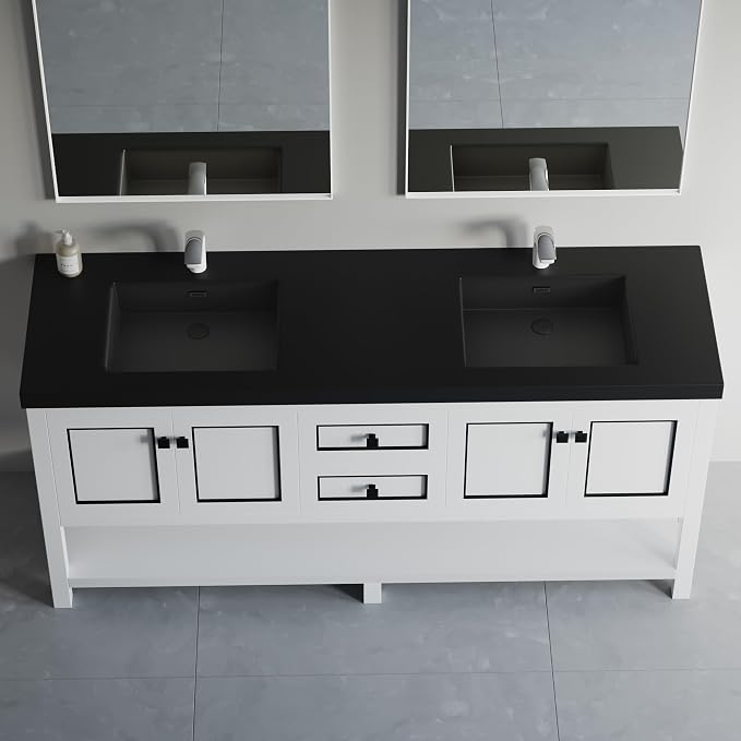 Dowell 73" Bathroom Sink,Double Bowl Vanity Basin,Rectangular Drop-In Bathroom Sink with Overflow,Black-000 7322BPBL