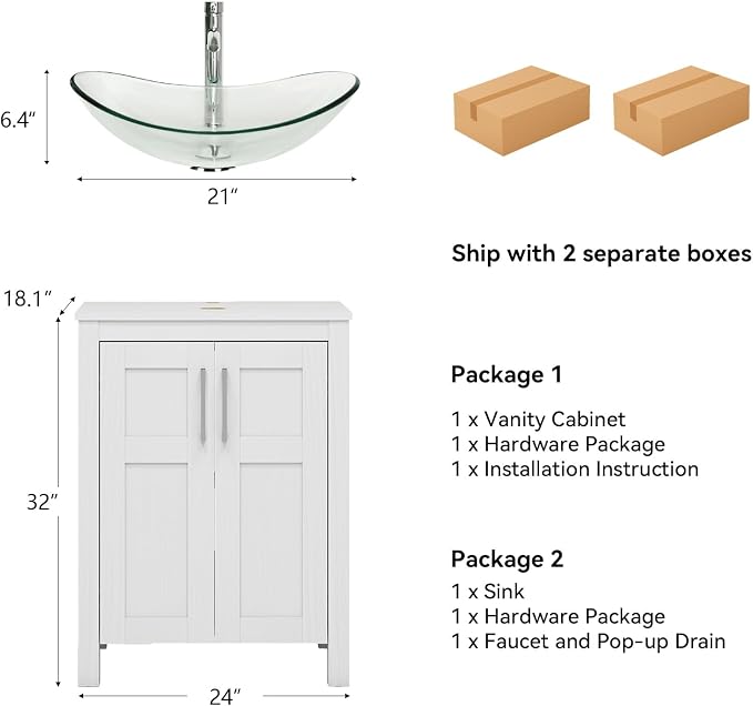 YOURLITE 24 Inches Traditional Bathroom Vanity Set with Single Faucet Hole, Clear Boat Glass Sink, White Finish, 2-Door Cabinet