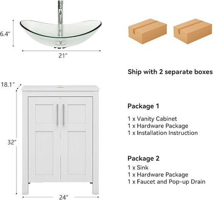 YOURLITE 24 Inches Traditional Bathroom Vanity Set with Single Faucet Hole, Clear Boat Glass Sink, White Finish, 2-Door Cabinet
