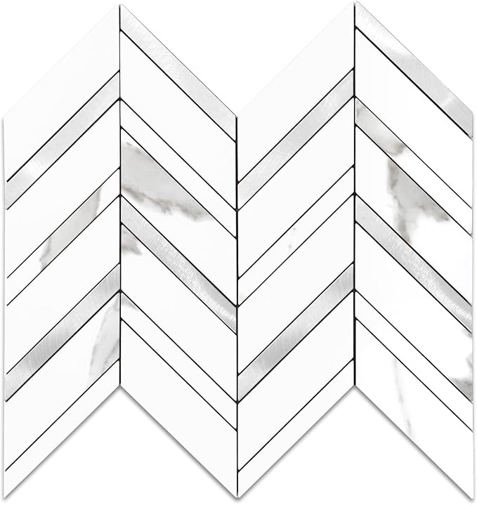 Yipscazo Herringbone Peel and Stick Backsplash, Marble White Mixed Metal Silver PVC Stick on Tiles for Kitchen, Waterproof Self Adhesive Wall Tiles for Bathroom