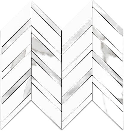 Yipscazo Herringbone Peel and Stick Backsplash, Marble White Mixed Metal Silver PVC Stick on Tiles for Kitchen, Waterproof Self Adhesive Wall Tiles for Bathroom
