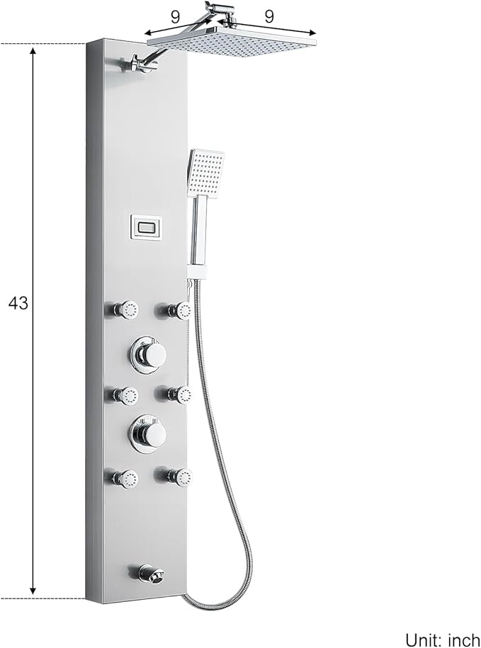 MENATT 304 Stainless Steel Shower Panels System with 6 Body Jets, Shower Tower with Adjustable 9 inch Rainfall Shower Head, Handheld Shower Wand, Brushed Nickel