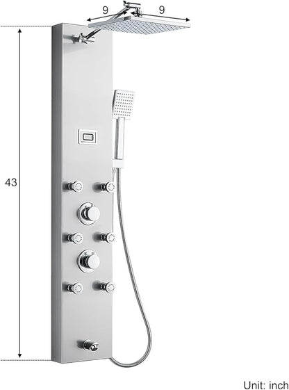 MENATT 304 Stainless Steel Shower Panels System with 6 Body Jets, Shower Tower with Adjustable 9 inch Rainfall Shower Head, Handheld Shower Wand, Brushed Nickel