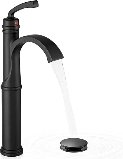 Waterfall Vessel Faucet, Tall Bathroom Faucet Black, Brass Vessel Sink Faucets Bathroom Sink Faucet One Hole Single Handle with Supply Hoses Pop-up Drain