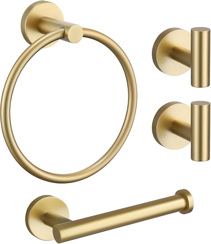 TURS Towel Ring Toilet Paper Holder Towel Hook 4-Pieces Brushed Gold SUS304 Stainless Steel Bathroom Accessories Kit Wall Mounted