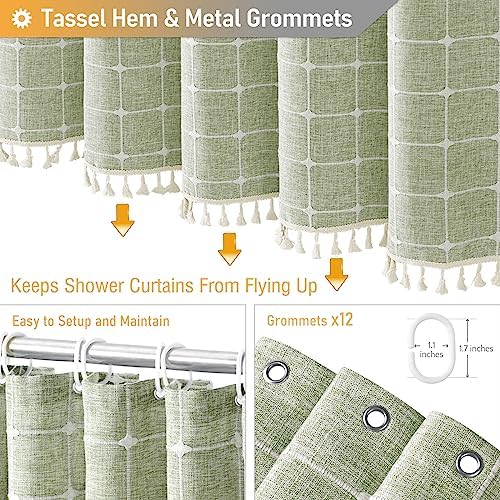 BTTN 72x78 Boho Farmhouse Linen Heavy Duty Shower Curtain Set, Sage Green