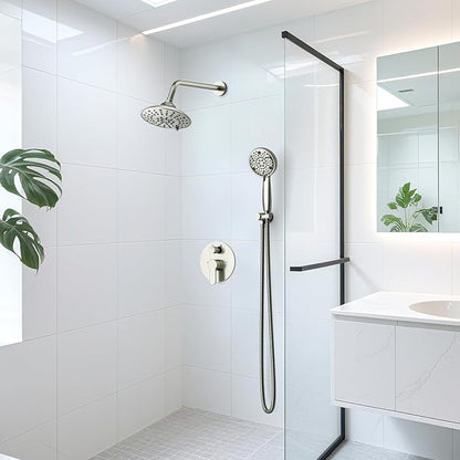 EMBATHER Shower Faucets Sets Complete, with 3 Setting High Pressure Shower Head Combo, Bathroom Wall Mounted Rainfall Shower System Fixtures with 8-Mode Handheld Spray, Brushed Nickel
