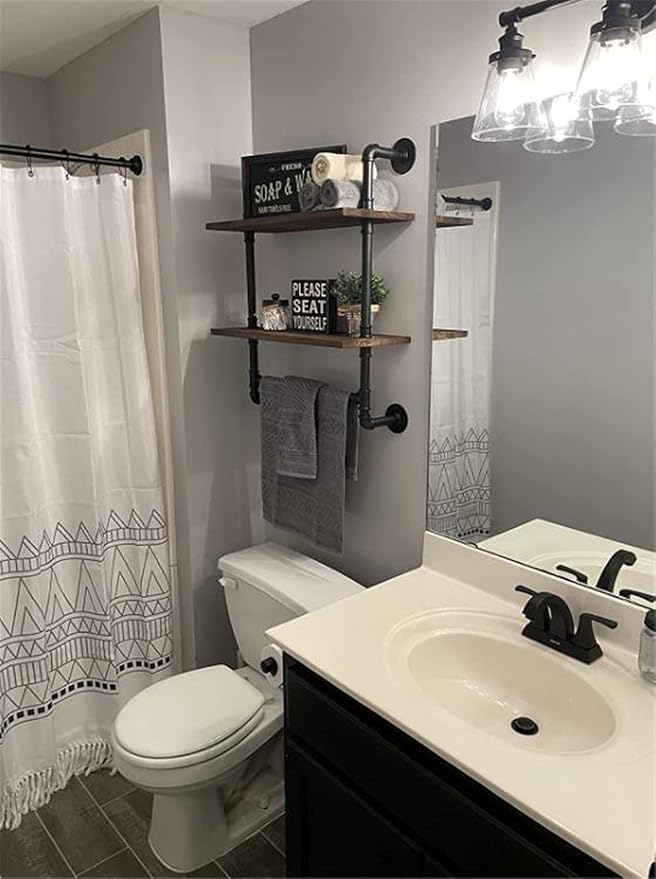 Industrial Pipe Shelf,2 Tiered Metal Towel Racks for Bathroom,20" Industrial Pipe Floating Shelves Shelving,Rustic Wood Wall Mount Shelf with Bar,Iron Towel Holder