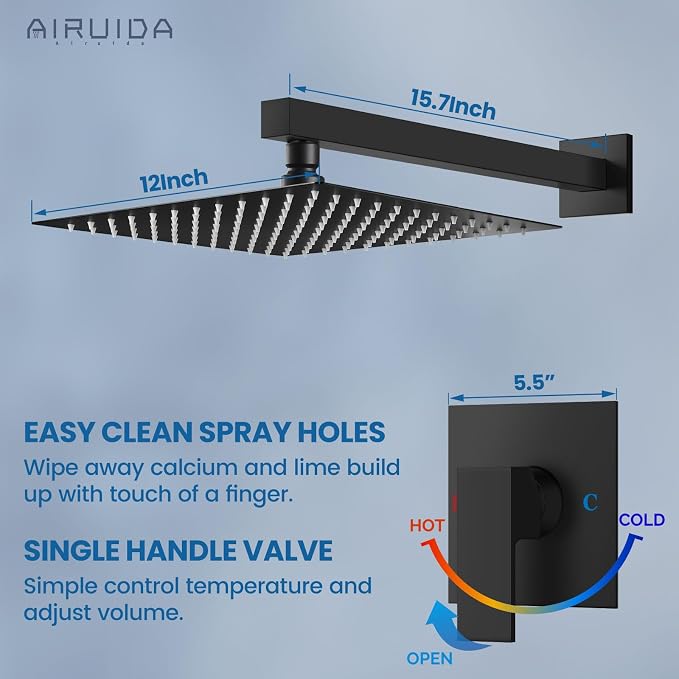 Airuida Shower Faucet Set,12 Inch Shower Valve Kit,Matte Black | Male Threads,Rough-in Valve Shower Trim Kit,Single Handle Control Shower Set