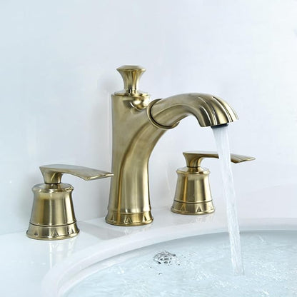 BiaoTeng Faucet for Bathroom Sink Pull Down Three Hole Hot and Cold Brass Double Handle Bathroom Faucets for Sink 3 Hole Pull Out Brushed Gold