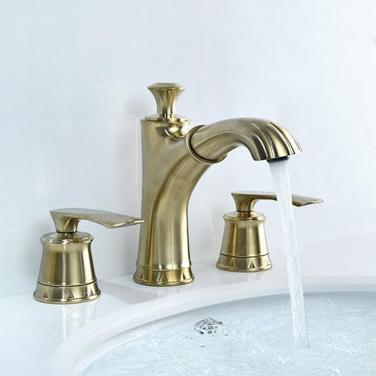 BiaoTeng Faucet for Bathroom Sink Pull Down Three Hole Hot and Cold Brass Double Handle Bathroom Faucets for Sink 3 Hole Pull Out Brushed Gold