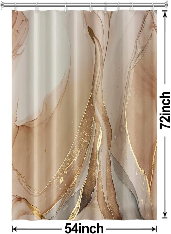 Brown Shower Curtain, Modern Brown Gold Grey Marble Shower Curtain for Bathroom Aesthetic Ink Texture Waterproof Shower Curtain Set with Hooks, 54x72 Inch