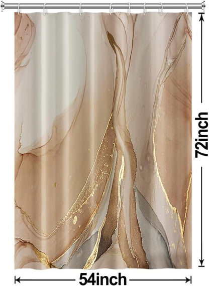 Brown Shower Curtain, Modern Brown Gold Grey Marble Shower Curtain for Bathroom Aesthetic Ink Texture Waterproof Shower Curtain Set with Hooks, 54x72 Inch