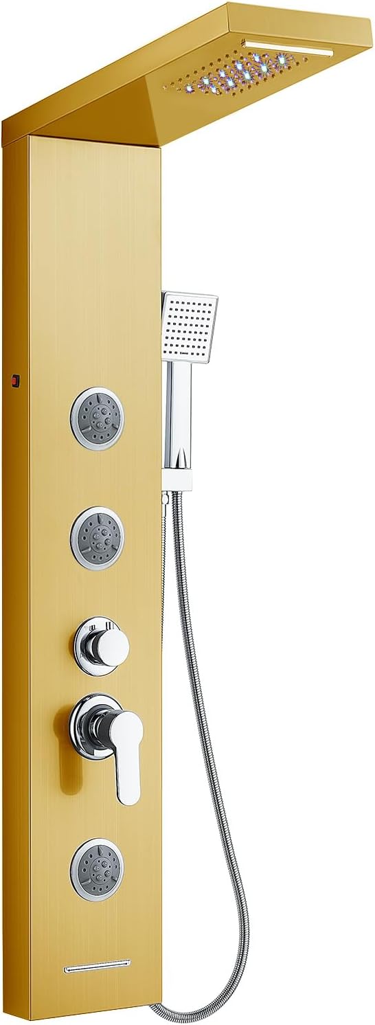 5-in-1 Shower Panel Tower System with LED Lights, 2-in-1 Body Massage, Rainfall, Waterfall,Handheld and Tub Spout, Stainless Steel Shower Column - Gold