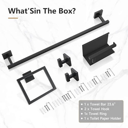 TQKAG 5-Pieces Matte Black Bathroom Hardware Accessories Set 23.6" SUS304 Stainless Steel Towel Bar Set Wall Mounted Square Toilet Paper Holder with Shelf