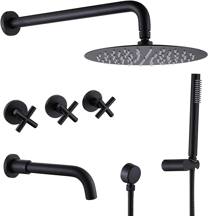RBROHANT Matte Black Shower System with Tub Spout, Brass Bathtub Shower Faucet Set with 3 Way Rough-in Valve,10 Inch Round Shower Head Set with Tub Spout and Handheld, JK0300