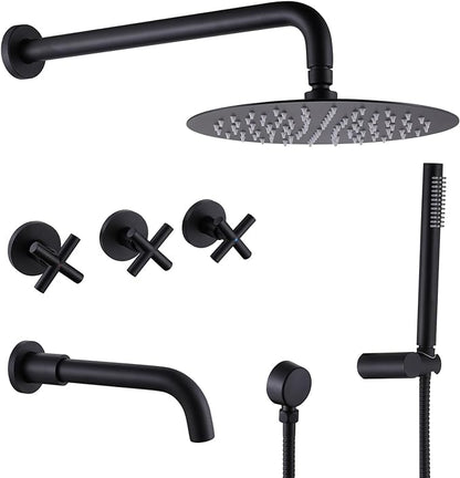 RBROHANT Matte Black Shower System with Tub Spout, Brass Bathtub Shower Faucet Set with 3 Way Rough-in Valve,10 Inch Round Shower Head Set with Tub Spout and Handheld, JK0300