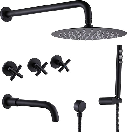 RBROHANT Matte Black Shower System with Tub Spout, Brass Bathtub Shower Faucet Set with 3 Way Rough-in Valve,10 Inch Round Shower Head Set with Tub Spout and Handheld, JK0300