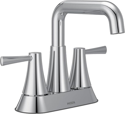 Moen Ronan Chrome Two-Handle 4 in. Centerset Modern Double Bend Bathroom Faucet with Push-Down Drain, 84025