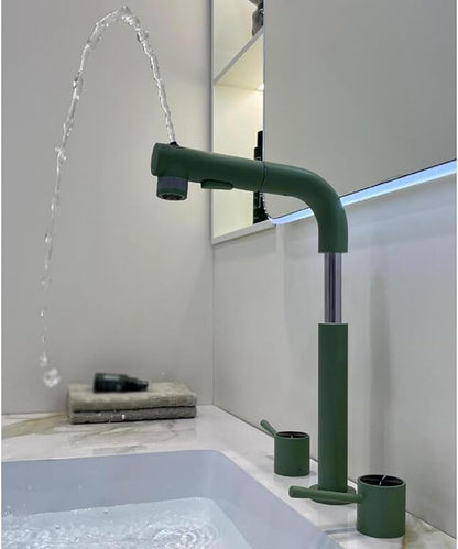 3 Hole Basin Faucets Pull Out Basin Mixer Faucet Brass-Green