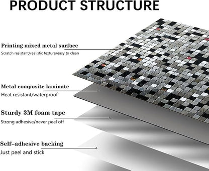10 Pcs Peel and Stick Backsplash Mosaic Tiles, Self-Adhesive Wall Tile, Waterproof Oil Proof Stick On Tile for Kitchen, Bathroom Vanity, Fireplace & Laundry Room Decor (Mixed Dark&Silver)