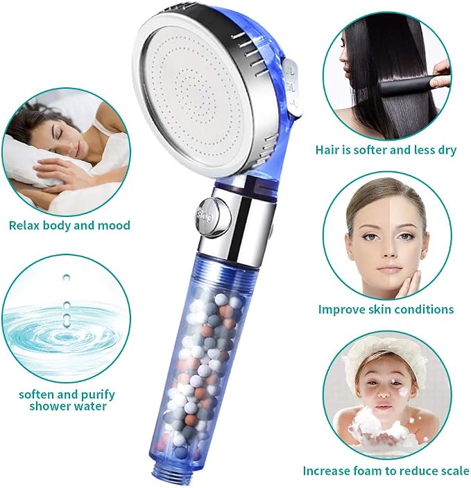 MIAOHUI Blue Zenbody Shower Head with Filter Beads, Shut Off Button | 3 Modes Handheld Filtered Showerhead with On Off Switch, Shower Wand+Hose+Adjustable Bracket+Self-adhesive Holder