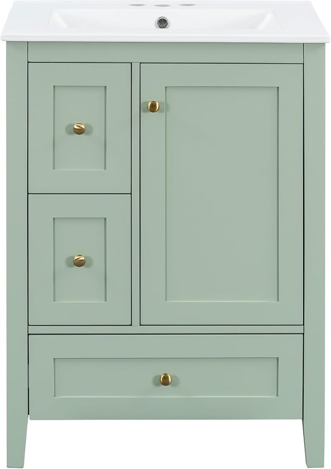 24" Bathroom Vanity with Ceramic Sink,Undermount Single Basin Bath Vanity Set w/3 Drawers and Adjustable Shelf,Modern Freestanding Storage Cabinet,MDF & Rubberwood,Green