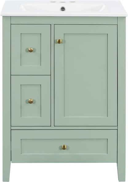 24" Bathroom Vanity with Ceramic Sink,Undermount Single Basin Bath Vanity Set w/3 Drawers and Adjustable Shelf,Modern Freestanding Storage Cabinet,MDF & Rubberwood,Green