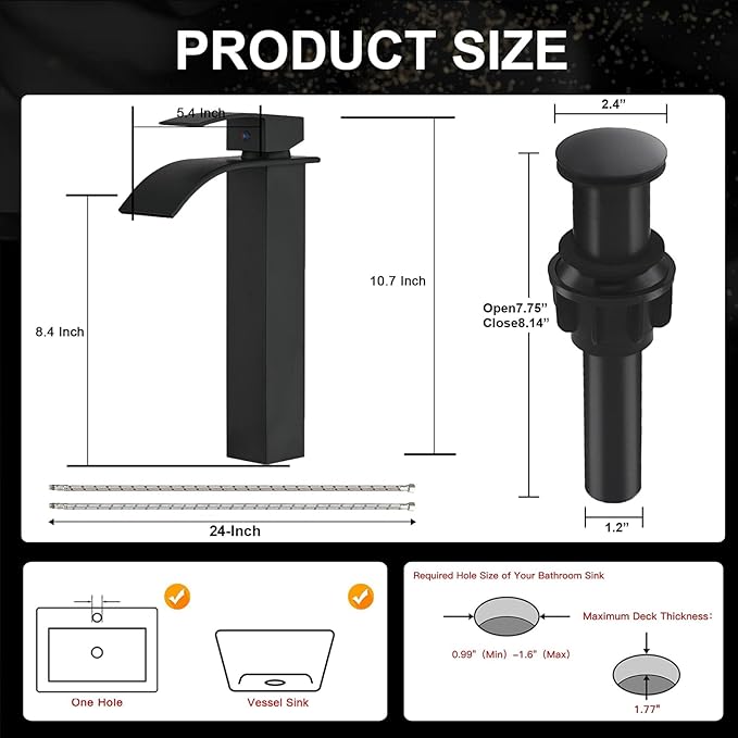 Vessel Sink Faucet Waterfall Bathroom Faucet Matte Black Stainless Steel Tall Single Handle One Hole Deck Mount Bowl Vanity Sink Faucet with Pop-up Drain Stopper