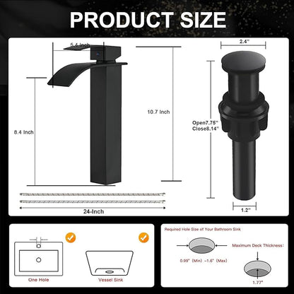 Vessel Sink Faucet Waterfall Bathroom Faucet Matte Black Stainless Steel Tall Single Handle One Hole Deck Mount Bowl Vanity Sink Faucet with Pop-up Drain Stopper