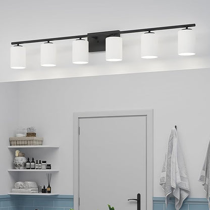 Progress Lighting Replay Collection 48 in. 6-Light Textured Black Etched White Glass Modern Bath Vanity Light