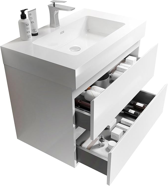 36" Floating Bathroom Vanity with Sink, Modern Bathroom Cabinet with Top and Soft Close Drawers, Spacious Storage for Small Space, White - Lavanda Collection