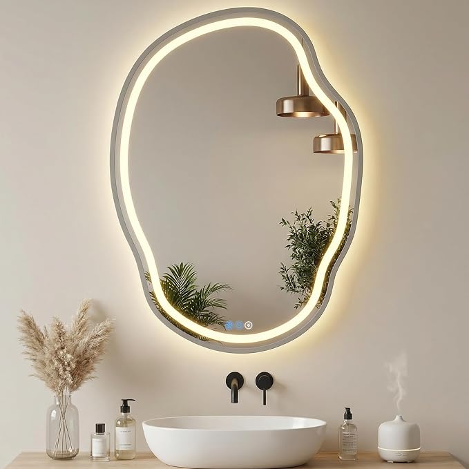 Irregular Wall Mirror 25 x 35 Inch, Lighted Mirrors for Bathroom Wall, Asymmetrical LED Mirror for Bathroom with Anit-Fog, Dimmable, Memory Function (Horizontal/Vertical)
