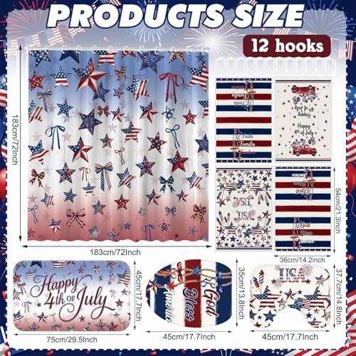 FuWeave 8 Pcs 4th of July & Memorial Day Shower Curtain Set, 250th Anniversary Patriotic Bathroom Decor, White Red Blue Star Flag American Bathroom Set with Towel, Rug, Toilet Lid Cover & 12 Hooks