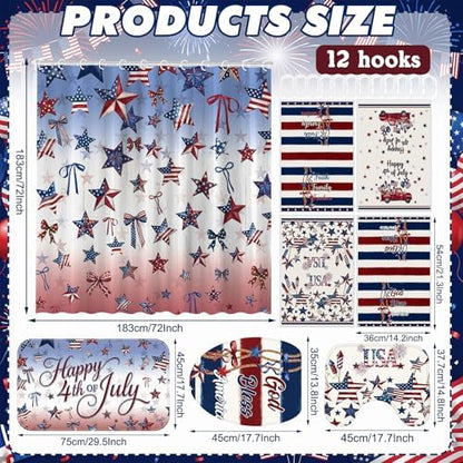 FuWeave 8 Pcs 4th of July & Memorial Day Shower Curtain Set, 250th Anniversary Patriotic Bathroom Decor, White Red Blue Star Flag American Bathroom Set with Towel, Rug, Toilet Lid Cover & 12 Hooks