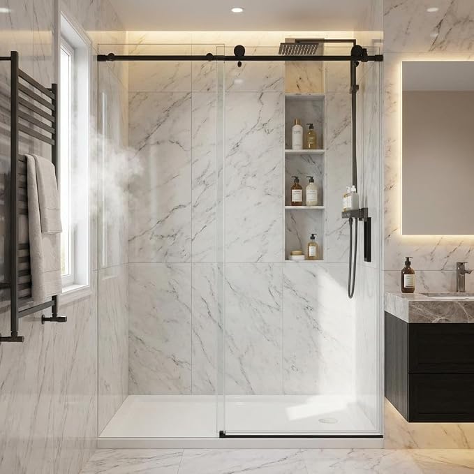 Frameless Sliding Shower Door, 44" to 48" Adjustable Width x 76" Height, 1/4" (6mm) SGCC Tempered Clear Glass with Easy-to-Clean Coating, Matte Black Round Rail