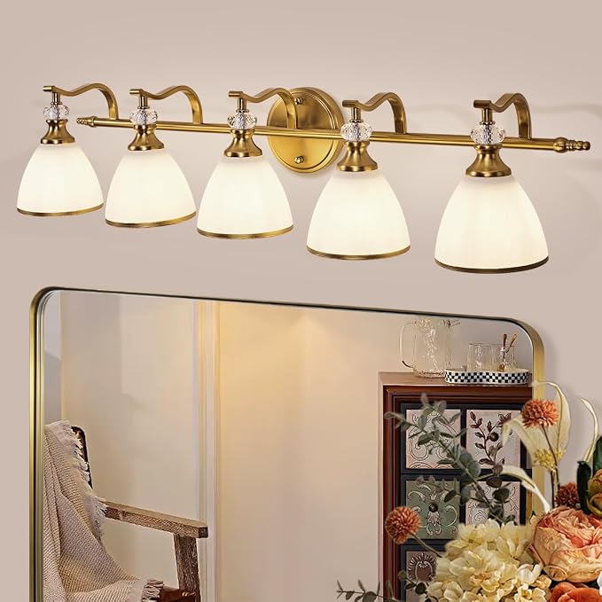 Gold Bathroom Light Fixture, 5-Light Bathroom Wall Sconces, 35 inch Brass Vanity Light with Milky White Frosted Glass Shade, Large Vintage Wall Lights for Spacious Rooms