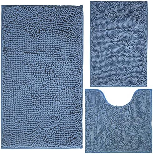 Bathroom Rugs Chenille 3-Piece Extra Soft and Absorbent Shag Bathroom Rugs, Machine Wash Mat, Strong PVC Non-Slip Underside, Plush Carpet Mats (Deep Blue)