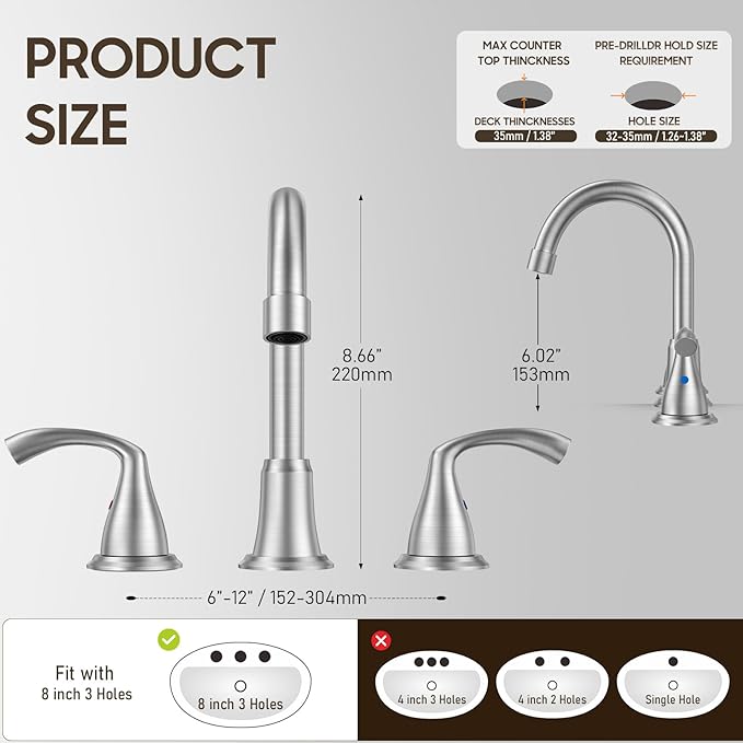 Phiestina 8 Inch Brushed Nickel Widespread Bathroom Sink Faucet, 2 Handle 3 Hole Bathroom Faucet with Metal Pop up Drain and Water Supply Lines, WFJC180-BN