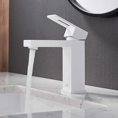 Single Hole Bathroom Sink Faucet with Pop-Up Drain, Solid Brass Single Handle Vanity Faucet, High Arc Modern Bathroom Faucet, Matte White Finish, Corrosion Resistant