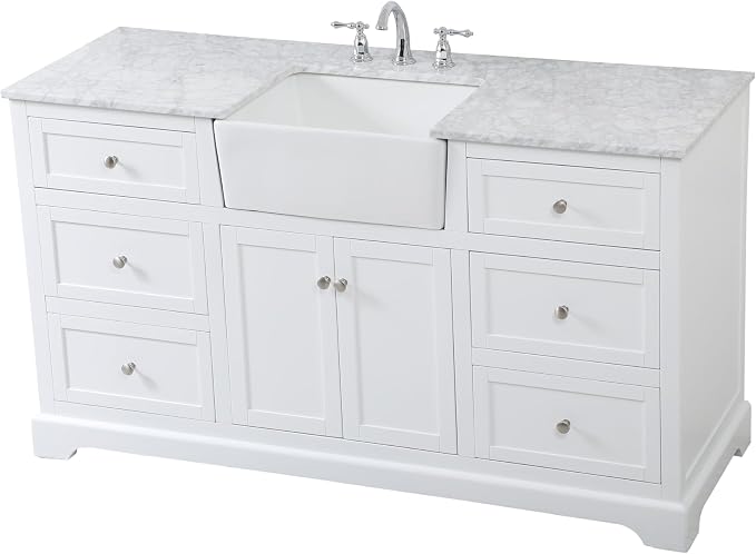 60" Pre-Assembled Bathroom Vanity with Sink, Solid Birch and MDF, Carrara White Marble Countertop Attached, Single Rectangle Porcelain Sink, 6 Soft-Close Drawers, White