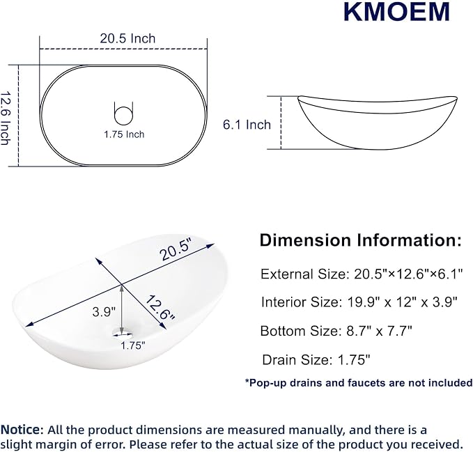 Vessel Sink 20.5"x12.6" Oval Bathroom Sink Modern White Porcelain Ceramic Above Counter Vanity Sink for Bathrooms Art Basin