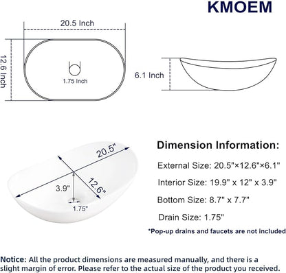 Vessel Sink 20.5"x12.6" Oval Bathroom Sink Modern White Porcelain Ceramic Above Counter Vanity Sink for Bathrooms Art Basin