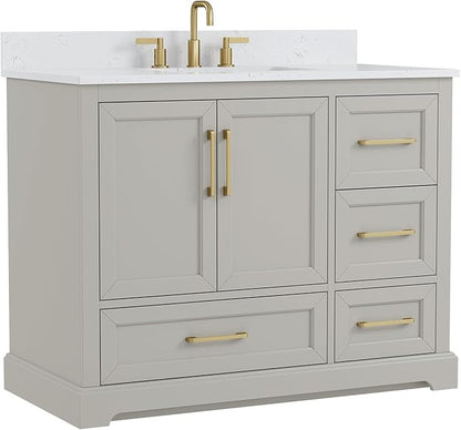 42 Inch Bathroom Vanity with Sink Combo, Solid Wood Frame with Stone Top & Backspalsh, Fully-Assembled with Soft-Closing Doors & 4 Drawers, Greige