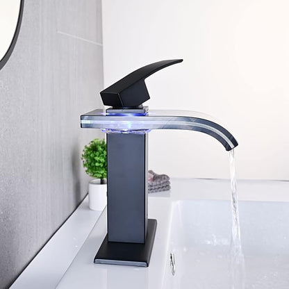 LED Bathroom Sink Faucet, Matte Black Waterfall Single Hole Handle Vanity Faucets for Sinks 1 Hole with Metal Pop Up Drain and 2 Water Supply Lines, Wide Glass Spout