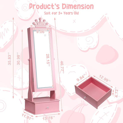 Kids Jewelry Cabinet with Full-Length Mirror, Freestand Mirror with Storage Drawers, Kids Vanity Dress Up Mirror with Jewelry Organizer, 46" Jewelry Armoire for Kids Bithday, Girls Xmas Gifts(Pink)